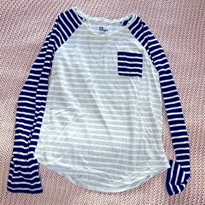 Nice used condition long-sleeve tee, navy and grey stripes